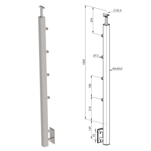 Margu statnis 40x40, ar sānu stiprinājumu, H1000mm, AISI304