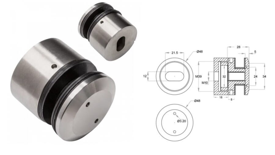 Stikla turētājs D48mm, M10, AISI 304, Satin