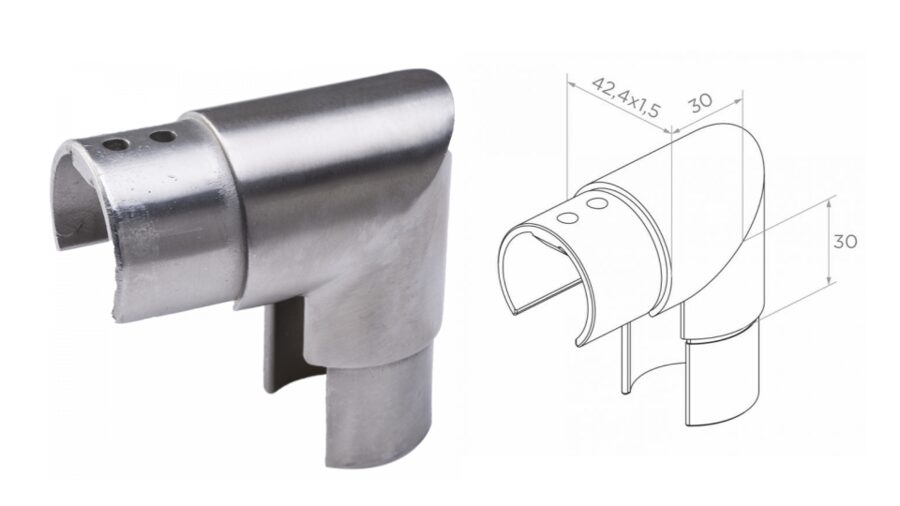 Savienotājs 90°, 42,4x1,5, H30, AISI 304